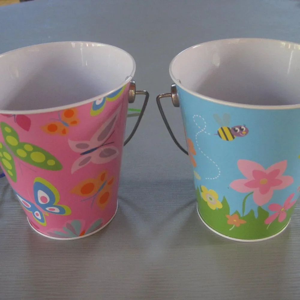 Set of 2 Tin Pails ~ 4.5 in ~ Pink with Butterflies and Blue with Flowers